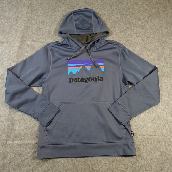 Patagonia Hoodie Mens Small Shop Sticker Polycycle Pullover Sweatshirt Blue - Picture 1 of 10